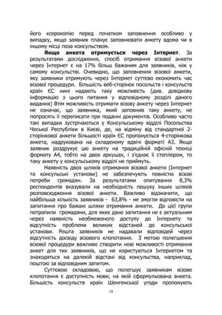 18
його ксерокопію перед початком заповнення особливо у
випадку, якщо заявник планує заповнювати анкету вдома чи в
іншому місці поза консульством.
Якщо анкета отримується через Інтернет. За
результатами дослідження, спосіб отримання візової анкети
через Інтернет є на 17% більш бажаним для заявників, ніж у
самому консульстві. Очевидно, що заповнення візової анкети,
яку заявники отримують через Інтернет суттєво економить час
візової процедури. Більшість веб-сторінок посольств і консульств
країн ЄС нині надають таку можливість (див. довідкову
інформацію з цього питання у відповідному розділі даного
видання) Втім можливість отримати візову анкету через Інтернет
не означає, що заявника, який заповнив таку анкету, не
попросять її переписати при поданні документів. Особливо часто
такі випадки зустрічаються у Консульському відділі Посольства
Чеської Республіки в Києві, де, на відміну від стандартної 2-
сторінкової анкети більшості країн ЄС пропонується 4-сторінкова
анкета, надрукована на складеному вдвічі форматі А3. Якщо
заявник роздрукує цю анкету на традиційній офісній техніці
формату А4, тобто на двох аркушах, і з’єднає її степлером, то
таку анкету у консульському відділі не приймуть.
Наявність двох шляхів отримання візової анкети (Інтернет
та консульські установи) не забезпечують повністю візові
потреби громадян. За результатами опитування 8,3%
респондентів вказували на необхідність пошуку інших шляхів
розповсюдження візової анкети. Важливо відзначити, що
найбільша кількість заявників - 63,8% - не змогли відповісти на
запитання про бажані шляхи отримання анкети. До цієї групи
потрапили громадяни, для яких дане запитання не є актуальним
через наявність необмеженого доступу до Інтернету та
відсутність проблеми великих відстаней до консульської
установи. Решта заявників не надавали відповідей через
відсутність досвіду візового клопотання. З метою полегшення
візової процедури важливо створити нові можливості отримання
анкет для тих заявників, що не користуються Інтернетом та
знаходяться на далекій відстані від консульства, наприклад,
поштою за відповідним запитом.
Суттєвою складовою, що полегшує заявникам візове
клопотання є доступність мови, на якій сформульована анкета.
Більшість консульств країн Шенгенської угоди пропонують
 