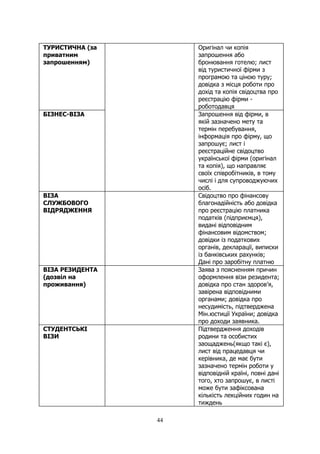 44
ТУРИСТИЧНА (за
приватним
запрошенням)
Оригінал чи копія
запрошення або
бронювання готелю; лист
від туристичної фірми з
програмою та ціною туру;
довідка з місця роботи про
дохід та копія свідоцтва про
реєстрацію фірми -
роботодавця
БІЗНЕС-ВІЗА Запрошення від фірми, в
якій зазначено мету та
термін перебування,
інформація про фірму, що
запрошує; лист і
реєстраційне свідоцтво
української фірми (оригінал
та копія), що направляє
своїх співробітників, в тому
числі і для супроводжуючих
осіб.
ВІЗА
СЛУЖБОВОГО
ВІДРЯДЖЕННЯ
Свідоцтво про фінансову
благонадійність або довідка
про реєстрацію платника
податків (підприємця),
видані відповідним
фінансовим відомством;
довідки із податкових
органів, декларації, виписки
із банківських рахунків;
Дані про заробітну платню
ВІЗА РЕЗИДЕНТА
(дозвіл на
проживання)
Заява з поясненням причин
оформлення візи резидента;
довідка про стан здоров’я,
завірена відповідними
органами; довідка про
несудимість, підтверджена
Мін.юстиції України; довідка
про доходи заявника.
СТУДЕНТСЬКІ
ВІЗИ
Підтвердження доходів
родини та особистих
заощаджень(якщо такі є),
лист від працедавця чи
керівника, де має бути
зазначено термін роботи у
відповідній країні, повні дані
того, хто запрошує, в листі
може бути зафіксована
кількість лекційних годин на
тиждень
 