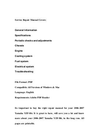 2006 2007 yamaha yzf-r6 service repair workshop manual download