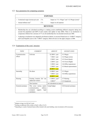 EU0-SEC-060522-01
Eureau / SPCC (version 2.6) Page 19 of 29 09 June 2006
12.3 Key parameters for computing scenarios
EXPENSES
− Contractual wages increase per year 2 % Impact on “111- Wages” and “112-Wages (extra)”
− Annual inflation rate11
2 % Impact on all expenses
REVENUES
− Membership fees are calculated according to a ranking system establishing different categories taking into
account the population and GDP of each country (last update in June 2004). There is no mechanism to
compensate inflation but a increase of 5 % on all membership fees was decided onward year 2006.
− A phasing-in mechanism was adopted by the Board in Berlin. It concerns Poland (now in “6.000 €” category)
and Czech Republic (now in the “3.000 €” category). Both will move to the upper category in 2008.
12.4 Explanation of the costs’ structure
TOPIC COMMENT AMOUNT BUDGET LINES
Communication
officer
Full-time 62.500 € / year
7.500 € / year
2.500 € / year
2.500 € / year
2.500 € / year
2.500 € / year
80.000 € / year
111-Wages
112-Wages (extra)
113-Travel (hotel)
114-Travel (flight)
116-Office (operations)
212-Board representation
Internship Per-diem 15.000 € / year
5.000 € / year
20.000 € / year
111-Wages
116-Office (operations)
Existing location (for one
additional worker)
+ 5.000 € / year12
5.000 €13
117-Renting
121-Equipment
Housing
New location: see calculations at annex 2
External assistance This cover various needs:
communication, edition,
computer support, legal
assistance.
Lump budget. 122-External assistance
11
Belgian average over the last 5 years
12
Renting an additional office similar to Durk’s office (12 m2
).
13
Depending on needs of national liaison offices hosted in the same building, some investments will be necessary.
 