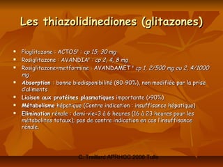Les thiazolidinediones (glitazones)

   Pioglitazone : ACTOS® : cp 15, 30 mg
   Rosiglitazone : AVANDIA® : cp 2, 4, 8 mg
   Rosiglitazone+metformine : AVANDAMET ® cp 1, 2/500 mg ou 2, 4/1000
    mg
   Absorption : bonne biodisponibilité (80-90%), non modifiée par la prise
    d’aliments
   Liaison aux protéines plasmatiques importante (>90%)
   Métabolisme hépatique (Contre indication : insuffisance hépatique)
   Elimination rénale : demi-vie=3 à 6 heures (16 à 23 heures pour les
    métabolites totaux); pas de contre indication en cas l’insuffisance
    rénale.




                         C. Treillard APRHOC 2006 Tulle
 