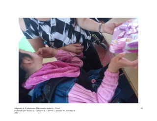 Adaptado de Evaluaciones Funcionales Auditiva y Visual
Elaborado por Álvarez A., Camacho E., Chorres I., Morales M., y Perlaza E.
2001
10
 