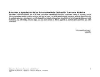 Resumen y Apreciación de los Resultados de la Evaluación Funcional Auditiva
Escucha a cualquier distancia que se le hable o que se le presente algún sonido, los sonidos fuertes le asustan y brinca
como respuesta al sonido, cuando escucha algo que le gusta o es de su agrado voltea buscando la fuente del sonido que
lo produce, atiende a la indicación sencilla de pedirle un objeto, en cuanto a la audición no tiene ningún problema, si está
realizando una actividad y escucha algo, una voz o un sonido se distrae y pierde la atención en la actividad que esta
realizando.
Informe elaborado por:
Mayra R.
Adaptado de Evaluaciones Funcionales Auditiva y Visual
Elaborado por Álvarez A., Camacho E., Chorres I., Morales M., y Perlaza E.
2001
6
 