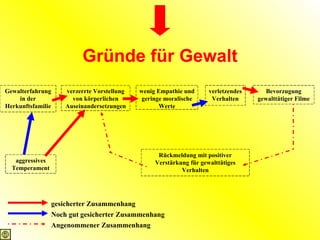 Gründe für Gewalt Gewalterfahrung in der Herkunftsfamilie verzerrte Vorstellung von körperlichen Auseinandersetzungen wenig Empathie und geringe moralische Werte verletzendes Verhalten Bevorzugung gewalttätiger Filme aggressives Temperament Rückmeldung mit positiver Verstärkung für gewalttätiges Verhalten gesicherter Zusammenhang Noch gut gesicherter Zusammenhang Angenommener Zusammenhang 