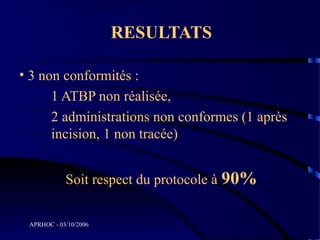 RESULTATS

• 3 non conformités :
        1 ATBP non réalisée,
        2 administrations non conformes (1 après
        incision, 1 non tracée)


            Soit respect du protocole à 90%

 APRHOC - 03/10/2006
 