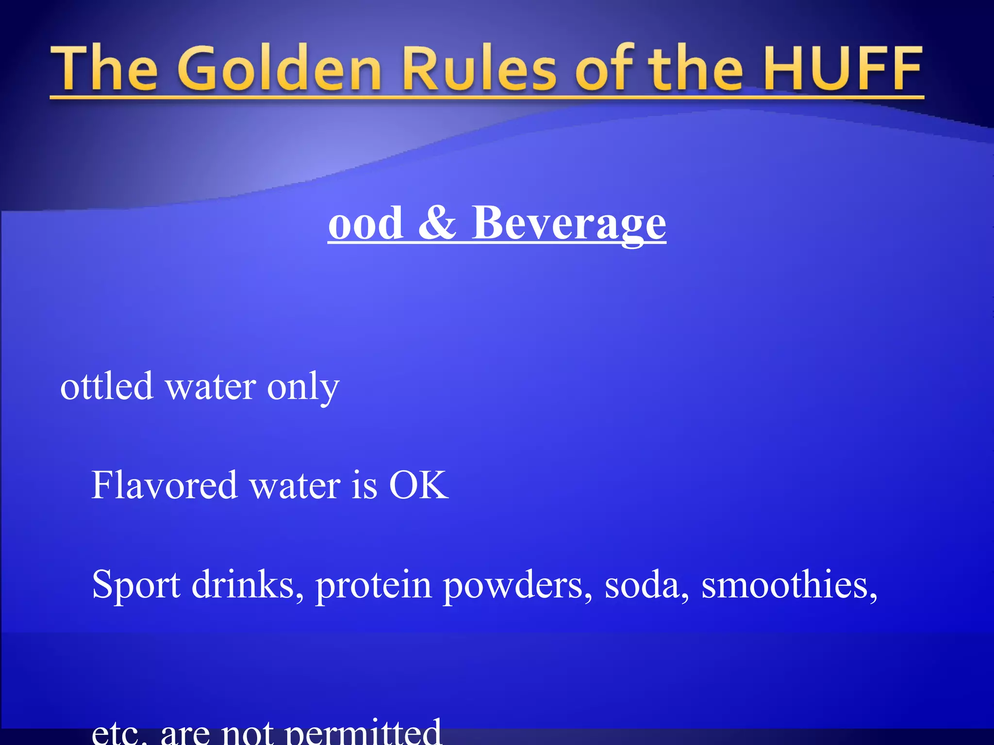 Food & Beverage Bottled water only Flavored water is OK Sport drinks, protein powders, soda, smoothies,  etc. are not permitted Cups & Mugs are not allowed Food & other consumables are not allowed  beyond turnstiles Water Bottles must have lids 