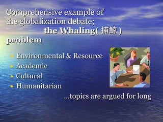 Comprehensive example of  the globalization debate;   the Whaling ( 捕鯨 )   problem <ul><li>Environmental & Resource </li><...