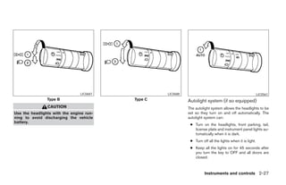 LIC0687                   LIC0688                                                  LIC0561
                Type B                    Type C                    Autolight system (if so equipped)
                CAUTION                                             The autolight system allows the headlights to be
Use the headlights with the engine run-                             set so they turn on and off automatically. The
ning to avoid discharging the vehicle                               autolight system can:
battery.
                                                                     ● Turn on the headlights, front parking, tail,
                                                                       license plate and instrument panel lights au-
                                                                       tomatically when it is dark.
                                                                     ● Turn off all the lights when it is light.
                                                                     ● Keep all the lights on for 45 seconds after
                                                                       you turn the key to OFF and all doors are
                                                                       closed.



                                                                              Instruments and controls 2-27




                                                   ੬ REVIEW COPY—2006 Pathfinder (pat)
                                                   Owners Manual—USA_English (nna)
                                                   07/29/05—cathy ੭
 