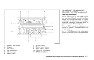 FM-AM RADIO WITH COMPACT
                                                                     DISC (CD) PLAYER (if so equipped)
                                                                     PWR/VOL control knob
                                                                     Turn the ignition key to the ACC or ON position,
                                                                     then push the PWR/VOL control knob. If you
                                                                     listen to the radio with the engine not running,
                                                                     turn the key to the ACC position. The mode (radio
                                                                     or CD) that was playing immediately before the
                                                                     system was turned off resumes playing.
                                                                     When no CD is loaded, the radio comes on.
                                                                     Pushing the PWR/VOL control knob again turns
                                                                     the system off.
                                                                     Turn the PWR/VOL control knob to the right to
                                                                     increase volume or to the left to decrease volume.




                                                          WHA0586
1.   PRESET ABC button   7.    AUDIO button
2.   Display             8.    Station select buttons
3.   CD button           9.    SEEK/TRACK button
4.   CD eject button     10.   PWR/VOL control knob
5.   CD insert slot      11.   BAND select button
6.   MENU button
                                              Display screen, heater, air conditioner and audio systems 4-31




                                                   ੬ REVIEW COPY—2006 Pathfinder (pat)
                                                   Owners Manual—USA_English (nna)
                                                   07/29/05—cathy ੭
 