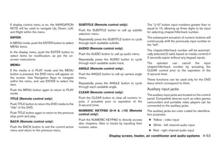 If display control menu is on, the NAVIGATION       SUBTITLE (Remote control only):                      The “≥10” button input numbers greater than or
KEYS will be used to navigate Up, Down, Left,                                                            equal to 10, allowing up three digits to be input
                                                    Push the SUBTITLE button to call up subtitle
and Right within the menu.                                                                               for selecting chapter/title/track number.
                                                    selection menu.
ENTER:                                                                                                   The subsequent actuation of numeric buttons will
                                                    Repeatedly press the SUBTITLE button to cycle
                                                                                                         continuously shift the previously input number to
In MENU mode, push the ENTER button to select       through each available subtitle.
                                                                                                         the “left”.
MENU items.
                                                    AUDIO (Remote control only):
                                                                                                         The chapter/title/track number will be automati-
In the display menu, push the ENTER button to
                                                    Push the AUDIO button to call up audio menu.         cally selected (if valid, based on media content) if
select items for modification, as per the on-
                                                                                                         3 seconds expire without any keypad inputs.
screen instructions.                                Repeatedly press the AUDIO button to cycle
                                                    through each available audio track.                  The operator can cancel the input
MENU:
                                                                                                         chapter/title/track number by actuating the
                                                    ANGLE (Remote control only):
If the media is in PLAY mode and the MENU                                                                CLEAR control prior to the expiration of the
button is pressed, the DVD menu will appear on      Push the ANGLE button to call up camera angle        3-second timer.
the screen. Use Navigation Keys to navigate         menu.
                                                                                                         These functions can be used only for the DVD
within the menu, and use ENTER to select the
item.                                               Repeatedly press the ANGLE button to cycle           discs which correspond to them.
                                                    through each available angle.
Push the MENU button again to return to PLAY                                                             Auxiliary input jacks
mode.                                               CLEAR (Remote control only):
                                                                                                         The auxiliary input jacks are located on the control
TITLE (Remote control only):                        Push the CLEAR button to clear all numeric in-       panel. Compatible devices such as video games
                                                    puts, if actuated prior to expiration of the         camcorders and portable video players can be
Push TITLE button to return the DVD media to the    3-second timer.                                      connected to the auxiliary jacks.
“title” of the DVD.
                                                    NUMERIC KEYPAD (0–9 & ≥10) (Remote                   The auxiliary jacks are color coded for identifica-
Push TITLE button again to return to the previous   control only):                                       tion purposes.
stop point and play.
                                                    Push the NUMERIC KEYPAD to directly access            ● Yellow - video input
BACK (Remote control only):
                                                    disc chapters, titles or tracks by inputting their
                                                                                                          ● White - left channel audio input
Push the BACK button to exit the current active     numeric value.
menu and return to the previous menu.                                                                     ● Red - right channel audio input
                                                                            Display screen, heater, air conditioner and audio systems 4-53




                                                                                  ੬ REVIEW COPY—2006 Pathfinder (pat)
                                                                                  Owners Manual—USA_English (nna)
                                                                                  07/29/05—cathy ੭
 