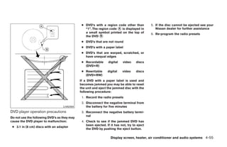 ● DVD’s with a region code other than          5. If the disc cannot be ejected see your
                                                “1”. The region code ᭺ is displayed in
                                                                     A                          Nissan dealer for further assistance
                                                a small symbol printed on the top of         6. Re-program the radio presets
                                                the DVD ᭺ B

                                              ● DVD’s that are not round
                                              ● DVD’s with a paper label
                                              ● DVD’s that are warped, scratched, or
                                                have unequal edges
                                              ● Recordable      digital     video   discs
                                                (DVD+R)
                                              ● Rewritable      digital    video    discs
                                                (DVD+RW)
                                             If a DVD with a paper label is used and
                                             becomes jammed you may be able to reset
                                             the unit and eject the jammed disc with the
                                             following procedure:
                                              1. Record the radio presets
                                              2. Disconnect the negative terminal from
                                  LHA0484        the battery for five minutes
DVD player operation precautions              3. Reconnect the negative battery termi-
                                                 nal
Do not use the following DVD’s as they may
cause the DVD player to malfunction:          4. Check to see if the jammed DVD has
                                                 been ejected. If it has not, try to eject
 ● 3.1 in (8 cm) discs with an adapter
                                                 the DVD by pushing the eject button.

                                                                  Display screen, heater, air conditioner and audio systems 4-55




                                                                          ੬ REVIEW COPY—2006 Pathfinder (pat)
                                                                          Owners Manual—USA_English (nna)
                                                                          07/29/05—cathy ੭
 