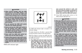 area around the vehicle is safe, and
                  CAUTION
                                                                                                        drive the vehicle straight, accelerate or
● When driving straight, shift the 4WD                                                                  decelerate or move the vehicle in re-
  shift switch to the 2WD, AUTO or 4H                                                                   verse, then shift the 4WD shift switch.
  position. Do not move the 4WD shift
  switch when making a turn or reversing.                                                            ● If the 4WD warning light comes on, the
                                                                                                       4WD indicator light goes out.
● Do not shift the 4WD shift switch while
  driving on steep downhill grades. Use
                                                                                                                       CAUTION
  the engine brake and low automatic
  transmission gears (D1 or D2) for en-                                                              ● When the 4WD shift switch is turned to
  gine braking.                                                                                        the AUTO position at low ambient tem-
                                                                                                       peratures, the 4WD shift indicator light
● Do not operate the 4WD shift switch
                                                                                                       may show 4H. If this happens, all four
  with the rear wheels spinning.
                                                                                                       wheels are driven as torque distribution
● Before placing the 4WD shift switch in                                                LSD0147        is in the 4H position. Be careful as the
  the 4H position from 2WD or AUTO,           The 4WD shift indicator light is located in the          vehicle may become difficult to turn.
  ensure the vehicle speed is less than       odometer display.                                        When the vehicle is driven, the 4WD
  62.5 MPH (100 km/h). Failure to do so                                                                shift indicator light should change to
  can damage the 4WD system.                  The light should turn off within 1 second after          AUTO.
                                              turning the ignition switch to the ON position.
● Never shift the 4WD shift switch be-                                                               ● If the 4WD shift indicator light indica-
  tween 4LO and 4H while driving.             While the engine is running, the 4WD shift indi-         tion changes to 2WD when the 4WD
                                              cator light will illuminate the position selected by     shift switch is shifted to the AUTO or 4H
● Engine idling speed is high while warm-
                                              the 4WD shift switch.                                    position at low ambient temperatures,
  ing up the engine. Be especially careful
                                                                                                       the 2WD mode may be being engaged
  when starting or driving on slippery sur-    ● The 4WD shift indicator light may blink               due to malfunctioning drive system. If
  faces with the 4WD shift switch set in         while shifting from one drive mode to                 the indicator does not return to normal
  AUTO.                                          the other. When the shifting is com-                  and the 4WD warning light comes on,
                                                 pleted, the 4WD shift indicator light                 have the system checked by the nearest
4WD shift indicator light                        will come on. For all mode 4WD ve-                    NISSAN dealer.
                                                 hicles, if the indicator light does not
                                                 come on immediately, make sure the
                                                                                                                   Starting and driving 5-25




                                                                             ੬ REVIEW COPY—2006 Pathfinder (pat)
                                                                             Owners Manual—USA_English (nna)
                                                                             08/01/05—cathy ੭
 