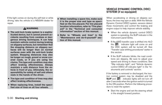 VEHICLE DYNAMIC CONTROL (VDC)
                                                                                                     SYSTEM (if so equipped)

If the light comes on during the self-test or while   ● When installing a spare tire, make sure      When accelerating or driving on slippery sur-
driving, take the vehicle to a NISSAN dealer for        it is the proper size and type as speci-     faces, the tires may spin or slide. With the Vehicle
repair.                                                 fied on the tire placard. For tire placard   Dynamic Control (VDC) system, sensors detect
                                                        location information, refer to “Tire plac-   these movements and control the braking and
                     WARNING                            ard” in the “Technical and consumer          engine output to help improve vehicle stability.
● The anti-lock brake system is a sophis-               information” section of this manual.          ● When the vehicle dynamic control (VDC)
  ticated device, but it cannot prevent ac-           ● Refer to “Wheels and tires” in the              system is operating, the SLIP indicator in the
  cidents resulting from careless or dan-               “Maintenance and do-it-yourself” sec-           instrument panel blinks.
  gerous driving techniques. It can help                tion of this manual.
  maintain vehicle control during braking                                                             ● If the 4WD transfer case is shifted into 4LO
  on slippery surfaces, but remember that                                                               the        indicator light will come on and
  the stopping distance on slippery sur-                                                                the VDC system will be turned off. See
  faces will be longer than on normal                                                                   “Transfer case shifting procedures” earlier in
  surfaces even with the anti-lock brake                                                                this section.
  system. Stopping distances may also
  be longer on rough, gravel or snow cov-                                                             ● If the SLIP indicator blinks, the road condi-
  ered roads, or if you are using tire                                                                  tions are slippery. Be sure to adjust your
  chains. Tire type and condition may also                                                              speed and driving to these conditions. See
  affect braking effectiveness. Always                                                                  “Slip indicator light”, and “Vehicle dynamic
  maintain a safe distance from the ve-                                                                 control (VDC) off indicator light” in the “In-
  hicle in front of you. Ultimately, the re-                                                            struments and controls” section.
  sponsibility for safety of self and others                                                         If the battery is removed or discharged, the trac-
  rests in the hands of the driver.
                                                                                                     tion control system may be disabled and the
● Tire type and condition of tires may also                                                          SLIP and            indicator lights will not turn off
  affect braking effectiveness.                                                                      after 2 seconds when the ignition switch is turned
● When replacing tires, install the speci-                                                           to the ON position. Perform the following proce-
  fied size of tires on all four wheels.                                                             dure to reset the system:
                                                                                                      ● Start the engine and set the steering wheel
                                                                                                        in the straight forward position.

5-30 Starting and driving




                                                                                ੬ REVIEW COPY—2006 Pathfinder (pat)
                                                                                Owners Manual—USA_English (nna)
                                                                                08/01/05—cathy ੭
 