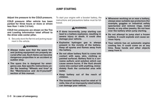 JUMP STARTING


Adjust tire pressure to the COLD pressure.            To start your engine with a booster battery, the   ● Whenever working on or near a battery,
                                                      instructions and precautions below must be fol-      always wear suitable eye protectors (for
COLD pressure: After vehicle has been
parked for three hours or more or driven              lowed.                                               example, goggles or industrial safety
less than 1 mile (1.6 km).                                                                                 spectacles) and remove rings, metal
                                                                         WARNING                           bands, or any other jewelry. Do not lean
COLD tire pressures are shown on the Tire                                                                  over the battery when jump starting.
and Loading Information label affixed to              ● If done incorrectly, jump starting can
the driver side center pillar.                          lead to a battery explosion, resulting in        ● Do not attempt to jump start a frozen
                                                        severe injury or death. It could also              battery. It could explode and cause se-
 5. Securely store the flat tire and jacking equip-     damage your vehicle.                               rious injury.
    ment in the vehicle.
                                                      ● Explosive hydrogen gas is always                 ● Your vehicle has an automatic engine
                                                        present in the vicinity of the battery.            cooling fan. It could come on at any
                    WARNING                             Keep all sparks and flames away from               time. Keep hands and other objects
● Always make sure that the spare tire                  the battery.                                       away from it.
  and jacking equipment are properly se-
                                                      ● Do not allow battery fluid to come into
  cured after use. Such items can become
                                                        contact with eyes, skin, clothing or
  dangerous projectiles in an accident or
                                                        painted surfaces. Battery fluid is a cor-
  sudden stop.
                                                        rosive sulfuric acid solution which can
● The spare tire is designed for emer-                  cause severe burns. If the fluid should
  gency use. See specific instructions un-              come into contact with anything, imme-
  der the heading “Wheels and tires” in                 diately flush the contacted area with
  the “Maintenance and do-it-yourself”                  water.
  section of this manual.
                                                      ● Keep battery out of the reach of
                                                        children.
                                                      ● The booster battery must be rated at 12
                                                        volts. Use of an improperly rated battery
                                                        can damage your vehicle.



6-8 In case of emergency




                                                                                  ੬ REVIEW COPY—2006 Pathfinder (pat)
                                                                                  Owners Manual—USA_English (nna)
                                                                                  08/01/05—cathy ੭
 