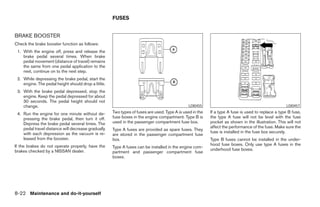 FUSES


BRAKE BOOSTER
Check the brake booster function as follows:
 1. With the engine off, press and release the
    brake pedal several times. When brake
    pedal movement (distance of travel) remains
    the same from one pedal application to the
    next, continue on to the next step.
 2. While depressing the brake pedal, start the
    engine. The pedal height should drop a little.
 3. With the brake pedal depressed, stop the
    engine. Keep the pedal depressed for about
    30 seconds. The pedal height should not
    change.                                                                                    LDI0455                                              LDI0457

 4. Run the engine for one minute without de-        Two types of fuses are used. Type A is used in the   If a type A fuse is used to replace a type B fuse,
    pressing the brake pedal, then turn it off.      fuse boxes in the engine compartment. Type B is      the type A fuse will not be level with the fuse
    Depress the brake pedal several times. The       used in the passenger compartment fuse box.          pocket as shown in the illustration. This will not
    pedal travel distance will decrease gradually                                                         affect the performance of the fuse. Make sure the
                                                     Type A fuses are provided as spare fuses. They
    with each depression as the vacuum is re-                                                             fuse is installed in the fuse box securely.
                                                     are stored in the passenger compartment fuse
    leased from the booster.                         box.                                                 Type B fuses cannot be installed in the under-
If the brakes do not operate properly, have the                                                           hood fuse boxes. Only use type A fuses in the
                                                     Type A fuses can be installed in the engine com-
brakes checked by a NISSAN dealer.                                                                        underhood fuse boxes.
                                                     partment and passenger compartment fuse
                                                     boxes.




8-22 Maintenance and do-it-yourself




                                                                                   ੬ REVIEW COPY—2006 Pathfinder (pat)
                                                                                   Owners Manual—USA_English (nna)
                                                                                   08/01/05—cathy ੭
 