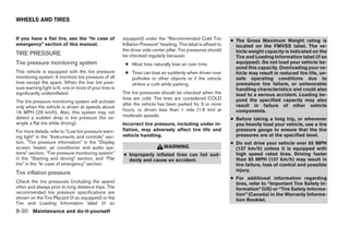 WHEELS AND TIRES


If you have a flat tire, see the “In case of              equipped) under the ЉRecommended Cold Tire              ● The Gross Maximum Weight rating is
emergency” section of this manual.                        Inflation PressureЉ heading. This label is affixed to     located on the FMVSS label. The ve-
                                                          the driver side center pillar. Tire pressures should      hicle weight capacity is indicated on the
TIRE PRESSURE                                             be checked regularly because:                             Tire and Loading Information label (if so
Tire pressure monitoring system                            ● Most tires naturally lose air over time.               equipped). Do not load your vehicle be-
                                                                                                                    yond this capacity. Overloading your ve-
This vehicle is equipped with the tire pressure            ● Tires can lose air suddenly when driven over           hicle may result in reduced tire life, un-
monitoring system. It monitors tire pressure of all          potholes or other objects or if the vehicle            safe operating conditions due to
tires except the spare. When the low tire pres-              strikes a curb while parking.                          premature tire failure, or unfavorable
sure warning light is lit, one or more of your tires is                                                             handling characteristics and could also
significantly underinflated.                              The tire pressures should be checked when the             lead to a serious accident. Loading be-
                                                          tires are cold. The tires are considered COLD             yond the specified capacity may also
The tire pressure monitoring system will activate
                                                          after the vehicle has been parked for 3 or more           result in failure of other vehicle
only when the vehicle is driven at speeds above
                                                          hours, or driven less than 1 mile (1.6 km) at             components.
16 MPH (26 km/h). Also, this system may not
detect a sudden drop in tire pressure (for ex-            moderate speeds.
                                                                                                                  ● Before taking a long trip, or whenever
ample a flat tire while driving).                         Incorrect tire pressure, including under in-              you heavily load your vehicle, use a tire
For more details, refer to “Low tire pressure warn-       flation, may adversely affect tire life and               pressure gauge to ensure that the tire
ing light” in the “Instruments and controls” sec-         vehicle handling.                                         pressures are at the specified level.
tion, ”Tire pressure information” in the “Display                                                                 ● Do not drive your vehicle over 85 MPH
screen, heater, air conditioner and audio sys-                                  WARNING                             (137 km/h) unless it is equipped with
tems” section, “Tire pressure monitoring system”          ● Improperly inflated tires can fail sud-                 high speed rated tires. Driving faster
in the “Starting and driving” section, and “Flat            denly and cause an accident.                            than 85 MPH (137 km/h) may result in
tire” in the “In case of emergency” section.                                                                        tire failure, loss of control and possible
                                                                                                                    injury.
Tire inflation pressure
                                                                                                                  ● For additional information regarding
Check the tire pressures (including the spare)                                                                      tires, refer to “Important Tire Safety In-
often and always prior to long distance trips. The                                                                  formation” (US) or “Tire Safety Informa-
recommended tire pressure specifications are                                                                        tion” (Canada) in the Warranty Informa-
shown on the Tire Placard (if so equipped) or the                                                                   tion Booklet.
Tire and Loading Information label (if so
8-30 Maintenance and do-it-yourself




                                                                                         ੬ REVIEW COPY—2006 Pathfinder (pat)
                                                                                         Owners Manual—USA_English (nna)
                                                                                         08/01/05—cathy ੭
 