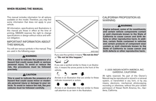 WHEN READING THE MANUAL


This manual includes information for all options                                                              CALIFORNIA PROPOSITION 65
available on this model. Therefore, you may find                                                              WARNING
some information that does not apply to your
vehicle.
                                                                                                                                  WARNING
All information, specifications and illustrations in
                                                                                                              Engine exhaust, some of its constituents,
this manual are those in effect at the time of
                                                                                                              and certain vehicle components contain
printing. NISSAN reserves the right to change
                                                                                                              or emit chemicals known to the State of
specifications or design without notice and with-
                                                                                                              California to cause cancer and birth de-
out obligation.
                                                                                                              fects or other reproductive harm. In addi-
IMPORTANT INFORMATION ABOUT                                                                                   tion, certain fluids contained in vehicles
THIS MANUAL                                                                                                   and certain products of component wear
                                                                                                              contain or emit chemicals known to the
You will see various symbols in this manual. They                                                             State of California to cause cancer and
are used in the following ways:                                                                  APD1005      birth defects or other reproductive harm.
                                                       If you see this symbol, it means “Do not do this”
                     WARNING
                                                       or “Do not let this happen.”
This is used to indicate the presence of a
hazard that could cause death or serious
personal injury. To avoid or reduce the                If you see a symbol similar to these in an illustra-
risk, the procedures must be followed                  tion, it means the arrow points to the front of the
precisely.                                             vehicle.                                                 © 2005 NISSAN NORTH AMERICA, INC.
                                                                                                                      GARDENA, CALIFORNIA
                      CAUTION
                                                                                                              All rights reserved. No part of this Owner’s
This is used to indicate the presence of a             Arrows in an illustration that are similar to these    Manual may be reproduced or stored in a retrieval
hazard that could cause minor or moder-                indicate movement or action.                           system, or transmitted in any form, or by any
ate personal injury or damage to your ve-                                                                     means, electronic, mechanical, photocopying,
hicle. To avoid or reduce the risk, the pro-                                                                  recording or otherwise, without the prior written
cedures must be followed carefully.                    Arrows in an illustration that are similar to these    permission of Nissan North America, Inc., Gar-
                                                       call attention to an item in the illustration.         dena, California.




                                                                                      ੬ REVIEW COPY—2006 Pathfinder (pat)
                                                                                      Owners Manual—USA_English (nna)
                                                                                      07/29/05—cathy ੭
 