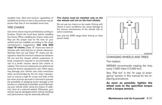 studded tires. Skid and traction capabilities of       Tire chains must be installed only on the
studded snow tires on wet or dry surfaces may be       rear wheels and not on the front wheels.
poorer than that of non-studded snow tires.            Do not use tire chains on dry roads. Driving with
TIRE CHAINS                                            chains in such conditions can cause damage to
                                                       the various mechanisms of the vehicle due to
Use of tire chains may be prohibited according to      some overstress.
location. Check the local laws before installing
                                                       Use only the 2WD range when driving on clear
tire chains. When installing tire chains, make sure
                                                       paved roads.
they are the proper size for the tires on your
vehicle and are installed according to the chain
manufacturer’s suggestions. Use only SAE
class “S” chains. Class ЉSЉ chains are used on
vehicles with restricted tire to vehicle clearance.
Vehicles that can use Class “S” chains are de-                                                                                               WDI0258
signed to meet the minimum clearances between
the tire and the closest vehicle suspension or                                                             CHANGING WHEELS AND TIRES
body component required to accommodate the                                                                 Tire rotation
use of a winter traction device (tire chains or
cables). The minimum clearances are determined                                                             NISSAN recommends rotating the tires
using the factory equipped tire size. Other types                                                          every 7,500 miles (12,000 km).
may damage your vehicle. Use chain tensioners
when recommended by the tire chain manufac-                                                                See “Flat tire” in the “In case of emer-
turer to ensure a tight fit. Loose end links of the                                                        gency” section in this manual for tire re-
tire chain must be secured or removed to prevent                                                           placing procedures.
the possibility of whipping action damage to the
fenders or underbody. If possible, avoid fully load-
                                                                                                           As soon as possible, tighten the
ing your vehicle when using tire chains. In addi-                                                          wheel nuts to the specified torque
tion, drive at a reduced speed. Otherwise, your                                                            with a torque wrench.
vehicle may be damaged and/or vehicle handling
and performance may be adversely affected.
                                                                                                            Maintenance and do-it-yourself 8-37




                                                                                    ੬ REVIEW COPY—2006 Pathfinder (pat)
                                                                                    Owners Manual—USA_English (nna)
                                                                                    08/01/05—cathy ੭
 
