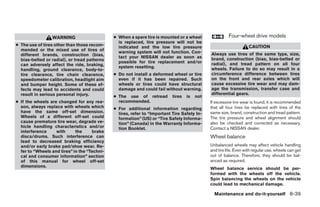 WARNING                      ● When a spare tire is mounted or a wheel                 Four-wheel drive models
                                                is replaced, tire pressure will not be
● The use of tires other than those recom-      indicated and the low tire pressure                                 CAUTION
  mended or the mixed use of tires of           warning system will not function. Con-
  different brands, construction (bias,                                                       Always use tires of the same type, size,
                                                tact your NISSAN dealer as soon as            brand, construction (bias, bias-belted or
  bias-belted or radial), or tread patterns     possible for tire replacement and/or
  can adversely affect the ride, braking,                                                     radial), and tread pattern on all four
                                                system resetting.                             wheels. Failure to do so may result in a
  handling, ground clearance, body-to-
  tire clearance, tire chain clearance,       ● Do not install a deformed wheel or tire       circumference difference between tires
  speedometer calibration, headlight aim        even if it has been repaired. Such            on the front and rear axles which will
  and bumper height. Some of these ef-          wheels or tires could have structural         cause excessive tire wear and may dam-
  fects may lead to accidents and could         damage and could fail without warning.        age the transmission, transfer case and
  result in serious personal injury.                                                          differential gears.
                                              ● The use of retread         tires   is   not
● If the wheels are changed for any rea-        recommended.                                  If excessive tire wear is found, it is recommended
  son, always replace with wheels which       ● For additional information regarding          that all four tires be replaced with tires of the
  have the same off-set dimension.              tires, refer to “Important Tire Safety In-    same size, brand, construction and tread pattern.
  Wheels of a different off-set could           formation” (US) or “Tire Safety Informa-      The tire pressure and wheel alignment should
  cause premature tire wear, degrade ve-        tion” (Canada) in the Warranty Informa-       also be checked and corrected as necessary.
  hicle handling characteristics and/or         tion Booklet.                                 Contact a NISSAN dealer.
  interference     with      the     brake
  discs/drums. Such interference can                                                          Wheel balance
  lead to decreased braking efficiency
  and/or early brake pad/shoe wear. Re-                                                       Unbalanced wheels may affect vehicle handling
  fer to “Wheels and tires” in the “Techni-                                                   and tire life. Even with regular use, wheels can get
  cal and consumer information” section                                                       out of balance. Therefore, they should be bal-
  of this manual for wheel off-set                                                            anced as required.
  dimensions.
                                                                                              Wheel balance service should be per-
                                                                                              formed with the wheels off the vehicle.
                                                                                              Spin balancing the wheels on the vehicle
                                                                                              could lead to mechanical damage.

                                                                                                Maintenance and do-it-yourself 8-39




                                                                        ੬ REVIEW COPY—2006 Pathfinder (pat)
                                                                        Owners Manual—USA_English (nna)
                                                                        08/01/05—cathy ੭
 