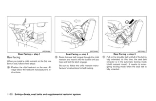 WRS0486                                                WRS0480                                                 WRS0481
            Rear Facing — step 1                                Rear Facing — step 2                                     Rear Facing — step 3
Rear facing                                         ᭺
                                                    2   Route the seat belt tongue through the child        ᭺
                                                                                                            3   Pull on the shoulder belt until all of the belt is
                                                        restraint and insert it into the buckle until you       fully extended. At this time, the seat belt
When you install a child restraint on the 3rd row       hear and feel the latch engage.                         retractor is in the automatic locking mode
bench seat, follow these steps:                                                                                 (child restraint mode). It reverts to emer-
                                                        Be sure to follow the child restraint manu-
᭺
1   Position the child restraint on the seat. Al-       facturer’s instructions for belt routing.
                                                                                                                gency locking mode when the seat belt is
                                                                                                                fully retracted.
    ways follow the restraint manufacturer’s in-
    structions.




1-30 Safety—Seats, seat belts and supplemental restraint system




                                                                                   ੬ REVIEW COPY—2006 Pathfinder (pat)
                                                                                   Owners Manual—USA_English (nna)
                                                                                   07/29/05—cathy ੭
 