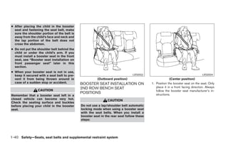 ● After placing the child in the booster
  seat and fastening the seat belt, make
  sure the shoulder portion of the belt is
  away from the child’s face and neck and
  the lap portion of the belt does not
  cross the abdomen.
● Do not put the shoulder belt behind the
  child or under the child’s arm. If you
  must install a booster seat in the front
  seat, see “Booster seat installation on
  front passenger seat” later in this
  section.
● When your booster seat is not in use,
  keep it secured with a seat belt to pre-                                     LRS0502                                          LRS0504
  vent it from being thrown around in                   (Outboard position)                             (Center position)
  case of a sudden stop or accident.         BOOSTER SEAT INSTALLATION ON                 1. Position the booster seat on the seat. Only
                                             2ND ROW BENCH SEAT                              place it in a front facing direction. Always
                 CAUTION                                                                     follow the booster seat manufacturer’s in-
                                             POSITIONS                                       structions.
Remember that a booster seat left in a
closed vehicle can become very hot.                           CAUTION
Check the seating surface and buckles
before placing your child in the booster     Do not use a lap/shoulder belt automatic
seat.                                        locking mode when using a booster seat
                                             with the seat belts. When you install a
                                             booster seat in the rear seat follow these
                                             steps:




1-40 Safety—Seats, seat belts and supplemental restraint system




                                                                      ੬ REVIEW COPY—2006 Pathfinder (pat)
                                                                      Owners Manual—USA_English (nna)
                                                                      07/29/05—cathy ੭
 