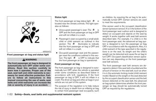 Status light                                            as children, by requiring the air bag to be auto-
                                                                                                       matically turned OFF. Certain sensors are used
                                               The front passenger air bag status light        is
                                                                                                       to meet the requirements.
                                               located near the climate controls. The light oper-
                                               ates as follows:                                        One sensor used is the occupant classification
                                                                                                       sensor (pressure sensor). It is in the bottom of the
                                                ● Unoccupied passenger’s seat: The         is
                                                                                                       front passenger seat cushion and is designed to
                                                  OFF and the front passenger air bag is OFF
                                                                                                       detect an occupant and objects on the seat by
                                                  and will not inflate in a crash.
                                                                                                       weight. It works together with seat belt sensors
                                                ● Passenger’s seat occupied by a small adult,          described later. For example, if a child is in the
                                                  child or child restraint as outlined in this         front passenger seat, the advanced air bag sys-
                                                  section: The            illuminates to indicate      tem is designed to turn the passenger air bag
                                                  that the front passenger air bag is OFF and          OFF in accordance with the regulations. Also, if a
                                                  will not inflate in a crash.                         child restraint of the type specified in the regula-
                                   WRS0475                                                             tions is on the seat, its weight and the child’s
                                                ● Occupied passenger seat and the passen-
Front passenger air bag and status light                                                               weight can be detected and cause the air bag to
                                                  ger meet the conditions outlined in this sec-
                                                                                                       turn OFF. Occupant classification sensor opera-
                                                  tion: The light      is OFF to indicate that
                  WARNING                                                                              tion can vary depending on the front passenger
                                                  the front passenger air bag is operational.
                                                                                                       seat belt sensors.
The front passenger air bag is designed to     Front passenger air bag
automatically turn OFF under some con-                                                                 The front passenger seat belt sensors are de-
ditions. Read this section carefully to        The front passenger air bag is designed to auto-        signed to detect if the seat belt is buckled and the
learn how it operates. Proper use of the       matically turn OFF when the vehicle is operated         amount of tension on the seat belt, such as when
seat, seat belt and child restraints is nec-   under some conditions as described below in             it is in the automatic locking mode (child restraint
essary for most effective protection. Fail-    accordance with U.S. regulations. If the front          mode). Based on the weight on the seat detected
ure to follow all instructions in this         passenger air bag is OFF, it will not inflate in a      by the occupant classification sensor and the belt
manual concerning the use of seats, seat       crash. The driver air bag and other air bags in your    tension detected on the seat belt, the advanced
belts and child restraints can increase the    vehicle are not part of this system.
                                                                                                       air bag system determines whether the front pas-
risk or severity of injury in an accident.     The purpose of the regulation is to help reduce         senger air bag should be automatically turned
                                               the risk of injury or death from an inflating air bag   OFF as required by the regulations.
                                               to certain front passenger seat occupants, such
1-52 Safety—Seats, seat belts and supplemental restraint system




                                                                              ੬ REVIEW COPY—2006 Pathfinder (pat)
                                                                              Owners Manual—USA_English (nna)
                                                                              08/19/05—rhinson ੭
 