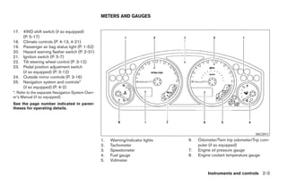 METERS AND GAUGES


17.   4WD shift switch (if so equipped)
      (P. 5-17)
18.   Climate controls (P. 4-13, 4-21)
19.   Passenger air bag status light (P. 1-52)
20.   Hazard warning flasher switch (P. 2-31)
21.   Ignition switch (P. 5-7)
22.   Tilt steering wheel control (P. 3-12)
23.   Pedal position adjustment switch
      (if so equipped) (P. 3-12)
24.   Outside mirror controls (P. 3-16)
25.   Navigation system and controls*
      (if so equipped) (P. 4-2)
*: Refer to the separate Navigation System Own-
er’s Manual (if so equipped).
See the page number indicated in paren-
theses for operating details.




                                                                                                                             WIC0911
                                                  1.   Warning/indicator lights            6.   Odometer/Twin trip odometer/Trip com-
                                                  2.   Tachometer                               puter (if so equipped)
                                                  3.   Speedometer                         7.   Engine oil pressure gauge
                                                  4.   Fuel gauge                          8.   Engine coolant temperature gauge
                                                  5.   Voltmeter


                                                                                                     Instruments and controls 2-3




                                                                             ੬ REVIEW COPY—2006 Pathfinder (pat)
                                                                             Owners Manual—USA_English (nna)
                                                                             07/29/05—cathy ੭
 