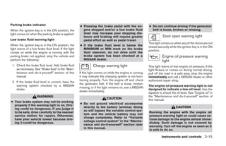 Parking brake indicator                                ● Pressing the brake pedal with the en-               ● Do not continue driving if the generator
When the ignition key is in the ON position, the         gine stopped and/or a low brake fluid                 belt is loose, broken or missing.
light comes on when the parking brake is applied.        level may increase your stopping dis-
                                                         tance and braking will require greater                         Door open warning light
Low brake fluid warning light                            pedal effort as well as pedal travel.
                                                                                                             This light comes on when any of the doors are not
When the ignition key is in the ON position, the       ● If the brake fluid      level is below the          closed securely while the ignition key is in the ON
light warns of a low brake fluid level. If the light     MINIMUM or MIN          mark on the brake
                                                                                                             position.
comes on while the engine is running with the            fluid reservoir, do     not drive until the
parking brake not applied, stop the vehicle and          brake system has        been checked at a                      Engine oil pressure warning
perform the following:                                   NISSAN dealer.
                                                                                                                        light
 1. Check the brake fluid level. Add brake fluid                 Charge warning light                        This light warns of low engine oil pressure. If the
    as necessary. See “Brake fluid” in the “Main-                                                            light flickers or comes on during normal driving,
    tenance and do-it-yourself” section of this        If this light comes on while the engine is running,   pull off the road in a safe area, stop the engine
    manual.                                            it may indicate the charging system is not func-      immediately and call a NISSAN dealer or other
                                                       tioning properly. Turn the engine off and check       authorized repair shop.
 2. If the brake fluid level is correct, have the
                                                       the generator belt. If the belt is loose, broken,
    warning system checked by a NISSAN                                                                       The engine oil pressure warning light is not
                                                       missing, or if the light remains on, see a NISSAN
    dealer.                                                                                                  designed to indicate a low oil level. Use the
                                                       dealer immediately.
                                                                                                             dipstick to check the oil level. See “Engine oil” in
                     WARNING                                                                                 the “Maintenance and do-it-yourself” section of
                                                                            CAUTION                          this manual.
● Your brake system may not be working
                                                       ● Do not ground electrical accessories
  properly if the warning light is on. Driv-
  ing could be dangerous. If you judge it
                                                         directly to the battery terminal. Doing                                   CAUTION
                                                         so will bypass the variable control sys-
  to be safe, drive carefully to the nearest                                                                 Running the engine with the engine oil
                                                         tem and the vehicle battery may not
  service station for repairs. Otherwise,                                                                    pressure warning light on could cause se-
                                                         charge completely. Refer to “Variable
  have your vehicle towed because driv-                                                                      rious damage to the engine almost imme-
                                                         voltage control system” in the “Mainte-
  ing it could be dangerous.                                                                                 diately. Such damage is not covered by
                                                         nance and do-it-yourself” section later
                                                                                                             warranty. Turn off the engine as soon as it
                                                         in this manual.
                                                                                                             is safe to do so.

                                                                                                                       Instruments and controls 2-15




                                                                                     ੬ REVIEW COPY—2006 Pathfinder (pat)
                                                                                     Owners Manual—USA_English (nna)
                                                                                     07/29/05—cathy ੭
 