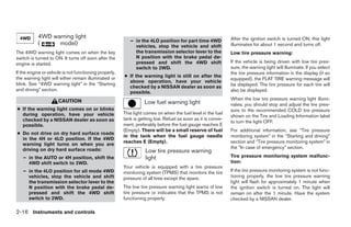 4WD warning light                                                                                  After the ignition switch is turned ON, this light
                                                           – in the 4LO position for part time 4WD
           (     model)                                      vehicles, stop the vehicle and shift             illuminates for about 1 second and turns off.
The 4WD warning light comes on when the key                  the transmission selector lever to the           Low tire pressure warning:
switch is turned to ON. It turns off soon after the          N position with the brake pedal de-
engine is started.                                           pressed and shift the 4WD shift                  If the vehicle is being driven with low tire pres-
                                                             switch to 2WD.                                   sure, the warning light will illuminate. If you select
If the engine or vehicle is not functioning properly,                                                         the tire pressure information in the display (if so
the warning light will either remain illuminated or     ● If the warning light is still on after the
                                                                                                              equipped), the FLAT TIRE warning message will
                                                          above operation, have your vehicle
blink. See “4WD warning light” in the “Starting                                                               be displayed. The tire pressure for each tire will
                                                          checked by a NISSAN dealer as soon as
and driving” section.                                                                                         also be displayed.
                                                          possible.
                      CAUTION                                                                                 When the low tire pressure warning light illumi-
                                                                  Low fuel warning light                      nates, you should stop and adjust the tire pres-
● If the warning light comes on or blinks                                                                     sure to the recommended COLD tire pressure
  during operation, have your vehicle                   This light comes on when the fuel level in the fuel
                                                                                                              shown on the Tire and Loading Information label
  checked by a NISSAN dealer as soon as                 tank is getting low. Refuel as soon as it is conve-
                                                                                                              to turn the light OFF.
  possible.                                             nient, preferably before the fuel gauge reaches E
                                                        (Empty). There will be a small reserve of fuel        For additional information, see “Tire pressure
● Do not drive on dry hard surface roads
                                                        in the tank when the fuel gauge needle                monitoring system” in the “Starting and driving”
  in the 4H or 4LO position. If the 4WD
                                                        reaches E (Empty).                                    section and “Tire pressure monitoring system” in
  warning light turns on when you are
  driving on dry hard surface roads:                                                                          the “In case of emergency” section.
                                                                   Low tire pressure warning
   – in the AUTO or 4H position, shift the                         light                                      Tire pressure monitoring system malfunc-
     4WD shift switch to 2WD.                                                                                 tion:
                                                        Your vehicle is equipped with a tire pressure
   – in the 4LO position for all mode 4WD               monitoring system (TPMS) that monitors the tire       If the tire pressure monitoring system is not func-
     vehicles, stop the vehicle and shift               pressure of all tires except the spare.               tioning properly, the low tire pressure warning
     the transmission selector lever to the                                                                   light will flash for approximately 1 minute when
     N position with the brake pedal de-                The low tire pressure warning light warns of low      the ignition switch is turned on. The light will
     pressed and shift the 4WD shift                    tire pressure or indicates that the TPMS is not       remain on after the 1 minute. Have the system
     switch to 2WD.                                     functioning properly.                                 checked by a NISSAN dealer.

2-16 Instruments and controls




                                                                                      ੬ REVIEW COPY—2006 Pathfinder (pat)
                                                                                      Owners Manual—USA_English (nna)
                                                                                      07/29/05—cathy ੭
 
