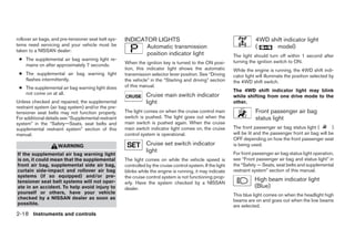 rollover air bags, and pre-tensioner seat belt sys-   INDICATOR LIGHTS                                                   4WD shift indicator light
tems need servicing and your vehicle must be                 Automatic transmission                                      (     model)
taken to a NISSAN dealer:
                                                             position indicator light                         The light should turn off within 1 second after
 ● The supplemental air bag warning light re-                                                                 turning the ignition switch to ON.
   mains on after approximately 7 seconds.            When the ignition key is turned to the ON posi-
                                                      tion, this indicator light shows the automatic          While the engine is running, the 4WD shift indi-
 ● The supplemental air bag warning light             transmission selector lever position. See “Driving      cator light will illuminate the position selected by
   flashes intermittently.                            the vehicle” in the “Starting and driving” section      the 4WD shift switch.
 ● The supplemental air bag warning light does        of this manual.
                                                                                                              The 4WD shift indicator light may blink
   not come on at all.                                           Cruise main switch indicator                 while shifting from one drive mode to the
Unless checked and repaired, the supplemental                    light                                        other.
restraint system (air bag system) and/or the pre-
tensioner seat belts may not function properly.       The light comes on when the cruise control main                    Front passenger air bag
For additional details see “Supplemental restraint    switch is pushed. The light goes out when the                      status light
system” in the “Safety—Seats, seat belts and          main switch is pushed again. When the cruise
supplemental restraint system” section of this        main switch indicator light comes on, the cruise        The front passenger air bag status light (        )
manual.                                               control system is operational.                          will be lit and the passenger front air bag will be
                                                                                                              OFF depending on how the front passenger seat
                     WARNING                                     Cruise set switch indicator                  is being used.
                                                                 light                                        For front passenger air bag status light operation,
If the supplemental air bag warning light
is on, it could mean that the supplemental            The light comes on while the vehicle speed is           see “Front passenger air bag and status light” in
front air bag, supplemental side air bag,             controlled by the cruise control system. If the light   the “Safety — Seats, seat belts and supplemental
curtain side-impact and rollover air bag              blinks while the engine is running, it may indicate     restraint system” section of this manual.
systems (if so equipped) and/or pre-                  the cruise control system is not functioning prop-
tensioner seat belt systems will not oper-                                                                               High beam indicator light
                                                      erly. Have the system checked by a NISSAN
ate in an accident. To help avoid injury to           dealer.                                                            (Blue)
yourself or others, have your vehicle                                                                         This blue light comes on when the headlight high
checked by a NISSAN dealer as soon as                                                                         beams are on and goes out when the low beams
possible.                                                                                                     are selected.
2-18 Instruments and controls




                                                                                     ੬ REVIEW COPY—2006 Pathfinder (pat)
                                                                                     Owners Manual—USA_English (nna)
                                                                                     07/29/05—cathy ੭
 