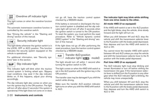 Overdrive off indicator light                not go off, have the traction control system           The indicator light may blink while shifting
                                                       checked by a NISSAN dealer.                            from one drive mode to the other.
This light comes on when the overdrive function
is OFF.                                                If the battery is removed or discharged, the trac-     All mode 4WD (if so equipped)
                                                       tion control system is disabled and the slip indi-
The automatic transmission overdrive function is                                                              If the 4WD shift switch is set in the 4LO position
                                                       cator light will not turn off after 2 seconds when
controlled by the overdrive switch.                                                                           and the light blinks, stop the vehicle, drive slowly
                                                       the ignition switch is turned to the ON position.
                                                                                                              forward and the light will turn on.
See “Driving the vehicle” in the “Starting and         To reset the system, you must perform the reset
driving” section of this manual.                       procedure. Refer to “Vehicle dynamic control           When you shift between 4H and 4LO, stop the
                                                       (VDC) system” in the “Starting and driving” sec-       vehicle and shift the transmission selector lever
           Security indicator light                    tion of this manual.                                   to the N position with the brake pedal depressed,
                                                                                                              then depress and turn the 4WD shift switch to
This light blinks whenever the ignition switch is in   If the light does not go off after performing the
                                                                                                              4LO or 4H.
the LOCK, OFF or ACC position. This function           reset procedure, have the traction control system
indicates the security system equipped on the          checked by a NISSAN dealer.                            You cannot move the transfer 4WD shift switch
vehicle is operational.                                                                                       between 4H and 4LO unless you stop the vehicle
                                                                  Transfer 4LO position                       and shift the transmission selector lever to the N
For additional information, see “Security sys-                    indicator light (     model)                position with the brake pedal depressed.
tems” later in this section.
                                                       The light should turn off within 1 second after        Part time 4WD (if so equipped)
           Slip indicator light                        turning the ignition switch to ON.
                                                                                                              The 4LO indicator light must stop blinking and
This indicator light will blink when the traction      This light comes on when the 4WD shift switch is       remain illuminated or turn off before shifting the
control system is limiting wheel spin. Slippery        set in the 4LO position with the ignition key in the   transmission into gear. If the transmission selec-
road conditions may exist if the slip indicator        ON position.                                           tor lever is shifted from the N position to any other
blinks on. If this happens, adjust your driving                                                               gear when the 4LO indicator light is blinking, the
                                                       The transfer case may be damaged if you shift the      vehicle may move unexpectedly.
accordingly.                                           switch while driving.
The slip indicator light also comes on when you                                                               When you shift between 4H and 4LO, stop the
                                                       Make sure the transfer 4LO position indicator          vehicle and shift the transmission selector lever
turn the ignition key to the ON position. The light    light turns on when you shift the 4WD shift switch     to the N position with the brake pedal depressed,
will turn off after about 2 seconds if the system is   to 4LO.                                                then depress and turn the 4WD shift switch to
operational. If the light does not come on or does                                                            4LO or 4H.
2-20 Instruments and controls




                                                                                      ੬ REVIEW COPY—2006 Pathfinder (pat)
                                                                                      Owners Manual—USA_English (nna)
                                                                                      07/29/05—cathy ੭
 