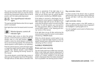 You cannot move the transfer 4WD shift switch          system is operational. If the light stays on or        Key reminder chime
between 4H and 4LO unless you stop the vehicle         comes on along with the SLIP indicator light
and shift the transmission selector lever to the N     while you are driving, have the vehicle dynamic        A chime sounds if the driver’s door is opened
position with the brake pedal depressed.               control system checked by a NISSAN dealer.             while the key is left in the ignition switch. Remove
                                                                                                              the key and take it with you when leaving the
           Turn signal/hazard indicator                If the battery is removed or discharged, the ve-       vehicle.
           lights                                      hicle dynamic control system is disabled and the
                                                       VDC indicator light will not turn off after 2 sec-     Light reminder chime
The appropriate light flashes when the turn signal     onds when the ignition switch is turned to the ON      With the ignition switch in the OFF position, a
switch is activated.                                   position. To reset the system, you must perform        chime sounds when the driver’s door is opened if
Both lights flash when the hazard switch is turned     the reset procedure. Refer to “Vehicle dynamic         the headlights or parking lights are on.
on.                                                    control (VDC) system” in the “Starting and driv-
                                                                                                              Turn the headlight control switch off before leav-
                                                       ing” section of this manual.                           ing the vehicle.
           Vehicle dynamic control off                 If the light does not go off after performing the
           indicator light                             reset procedure, have the traction control system
This indicator light comes on when the vehicle         checked by a NISSAN dealer.
dynamic control off switch is pushed to OFF, the       While the vehicle dynamic control system is op-
transfer case is in the 4LO position (                 erating, you might feel slight vibration or hear the
model), or when the vehicle dynamic control sys-       system working when starting the vehicle or ac-
tem is not functioning properly. This indicates the    celerating, but this is normal.
vehicle dynamic control system is not operating.
                                                       AUDIBLE REMINDERS
Push the vehicle dynamic control off switch again
or restart the engine and the system will operate      Brake pad wear warning
normally. See “Vehicle dynamic control (VDC)
                                                       The disc brake pads have audible wear warnings.
system” in the “Starting and driving” section of
                                                       When a disc brake pad requires replacement, it
this manual.
                                                       makes a high pitched scraping sound when the
The vehicle dynamic control light also comes on        vehicle is in motion, whether or not the brake
when you turn the ignition key to the ON position.     pedal is depressed. Have the brakes checked as
The light will turn off after about 2 seconds if the   soon as possible if the warning sound is heard.
                                                                                                                        Instruments and controls 2-21




                                                                                      ੬ REVIEW COPY—2006 Pathfinder (pat)
                                                                                      Owners Manual—USA_English (nna)
                                                                                      07/29/05—cathy ੭
 