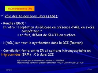 Insulinorésistance (IR)


 Rôle des Acides Gras Libres (AGL) :

- Randle (1963) :
  In vitro :  captation du Glucose en présence d’AGL en excès.
                compétition ?
              en fait, défaut de GLUT4 en surface

-  [AGL] sur tout le nycthémère dans le DII (Reaven).

- Corrélation forte entre IR et contenu intramyocytaire en
triglycérides (IRM) : X 6 dans DII
              Réf: Acides gras et résistance à l’insuline – J. GIRARD
              Métabolismes Hormones Diabètes et Nutrition (VIII),n°1,janv.fév.2004, p14-20


                                                                                             JPHaulot
   03/12/12
 