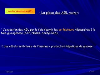 Insulinorésistance (IR)
                               - La place des AGL (suite) :



 L’oxydation des AGL par le foie fournit les co-facteurs nécessaires à la
Néo-glucogénèse (ATP, NADH, Acétyl-CoA).



 des effets inhibiteurs de l’insuline / production hépatique de glucose.




                                                                      JPHaulot
    03/12/12
 
