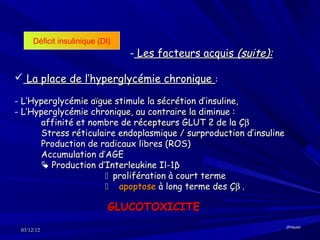 Déficit insulinique (DI)
                                 - Les facteurs acquis (suite):

 La place de l’hyperglycémie chronique :

- L’Hyperglycémie aïgue stimule la sécrétion d’insuline,
- L’Hyperglycémie chronique, au contraire la diminue :
      affinité et nombre de récepteurs GLUT 2 de la Çβ
      Stress réticulaire endoplasmique / surproduction d’insuline
      Production de radicaux libres (ROS)
      Accumulation d’AGE
       Production d’Interleukine Il-1β
                      prolifération à court terme
                       apoptose à long terme des Çβ .

                             GLUCOTOXICITE
                                                                    JPHaulot
 03/12/12
 