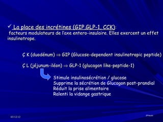  La place des incrétines (GIP,GLP-1, CCK):
 facteurs modulateurs de l’axe entero-insulaire. Elles exercent un effet
insulinotrope.


            Ç K (duodénum) ⇒ GIP (Glucose-dependent insulinotropic peptide)

            Ç L (jéjunum-iléon) ⇒ GLP-1 (glucagon like-peptide-1)

                          Stimule insulinosécrétion / glucose
                          Supprime la sécrétion de Glucagon post-prandial
                          Réduit la prise alimentaire
                          Ralenti la vidange gastrique



                                                                    JPHaulot
 03/12/12
 
