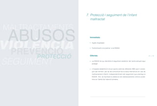 Immediata:
Ingrés hospitalari
Comunicació a la justícia i a la DGAIA.
Diferida:
La DGAIA és qui decidirà el seguiment posterior del nen/a perquè sigui
protegit.
L’hospital establirà el circuit oportú amb les diferents ABS que li corres-
pon per territori, per tal de comunicar-los la seva intervenció en cas de
maltractament infantil, independentment del seguiment que plantegi la
DGAIA. Així, es facilitarà la detecció de maltractaments crònics poste-
riors en l’àmbit de l’atenció primària.
7. Protecció i seguiment de l’infant
maltractat
34 35
PROTECCIÓ
SEGUIMENT
MALTRACTAMENTS
VIOLÈNCIA
ABUSOS
PREVENCIÓ
ÍNDEX
 