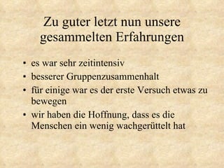 Zu guter letzt nun unsere gesammelten Erfahrungen es war sehr zeitintensiv besserer Gruppenzusammenhalt für einige war es der erste Versuch etwas zu bewegen wir haben die Hoffnung, dass es die Menschen ein wenig wachgerüttelt hat 