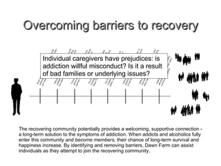 Overcoming barriers to recovery Individual caregivers have prejudices: is addiction willful misconduct? Is it a result of bad families or underlying issues? The recovering community potentially provides a welcoming, supportive connection  - a  long-term solution to the symptoms of addiction. When addicts and alcoholics fully enter this community  and become members,  their chance of long-term survival and happiness increase. By identifying and removing barriers, Dawn Farm can assist individuals as they attempt to join the recovering community. 