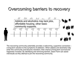 Overcoming barriers to recovery Addicts and alcoholics may lack jobs, affordable housing, other basic community supports. The recovering community potentially provides a welcoming, supportive connection  - a  long-term solution to the symptoms of addiction. When addicts and alcoholics fully enter this community  and become members,  their chance of long-term survival and happiness increase. By identifying and removing barriers, Dawn Farm can assist individuals as they attempt to join the recovering community. 