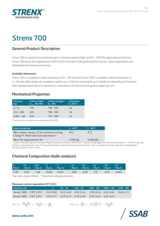 Strenx 700
General Product Description
Strenx 700 is a general structural steel with a minimum yield strength of 650 - 700 MPa depending on thickness.
Strenx 700 meets the requirements of EN 10 025-6 for the S 690 grade and thicknesses. Typical applications are
demanding load-bearing structures.
Available dimensions
Strenx 700 E is available in plate thicknesses of 4 – 160 mm and Strenx 700 F is available in plate thicknesses of
4 - 130 mm. Both grades are available in widths up to 3350 mm and lengths up to 14630 mm depending on thickness.
More detailed information on dimensions is provided in the dimension program at www.ssab.com.
Mechanical Properties
Thickness
mm
Yield strength 1)
Rp 0.2
, Min MPa
Tensile strength 1)
Rm
MPa
Elongation
A5
Min %
4 - 53 700 780 - 930 14
(53) - 100 650 780 - 930 14
(100) - 160 650 710 - 900 14
1)
For transverse test pieces according to EN 10 025.
Impact properties E -400
C F -600
C
Min. impact energy (J) for transverse testing
Charpy V 10x10 mm tests specimens 2)
69 J 27 J
Meet the requirements for S 690 QL S 690 QL1
2)
Unless otherwise agreed, transverse impact testing according to EN 10 025-6 option 30 will apply. For thicknesses between 6 - 11.9 mm, sub-size
Charpy V-specimens are used. The speciﬁed minimum value is then proportional to the cross-sectional area of the specimen compared to a
full-size specimen (10 x 10 mm).
Chemical Composition (ladle analysis)
C *)
Max %
Si *)
Max %
Mn *)
Max %
P
Max %
S
Max %
Cr *)
Max %
Cu *)
Max %
Ni *)
Max %
Mo *)
Max %
B *)
Max %
0.20 0.60 1.60 0.020 0.010 0.80 0.30 2.0 0.70 0.005
The steel is grain reﬁned. *)
Intentional alloying elements.
Maximum carbon equivalent CET (CEV)
Thickness mm - 5 (5) - 30 (30) - 60 (60) - 100 (100) - 130 (130) - 160
Strenx 700E: CET (CEV) 0.34 (0.48) 0.32 (0.49) 0.36 (0.52) 0.39 (0.58) 0.41 (0.67) 0.43 (0.73)
Strenx 700F: CET (CEV) 0.38 (0.57) 0.38 (0.57) 0.39 (0.58) 0.39 (0.58) 0.41 (0.67)
CET = C + + + CEV = C + + +
www.ssab.com
1(2)
Data Sheet 2006en Strenx 700 2015-04-08
Ni
40
Cr + Cu
20
Mn + Mo
10
Cu + Ni
15
Cr + Mo + V
5
Mn
6
 