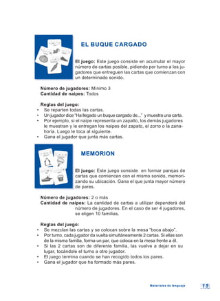 1 51 5
EL BUQUE CARGADOEL BUQUE CARGADO
El juego: Este juego consiste en acumular el mayor
número de cartas posible, pidiendo por turno a los ju-
gadores que entreguen las cartas que comienzan con
un determinado sonido.
Número de jugadores: Mínimo 3
Cantidad de naipes: Todos
Reglas del juego:
• Se reparten todas las cartas.
• Un jugador dice “Ha llegado un buque cargado de...” y muestra una carta.
• Por ejemplo, si el naipe representa un zapallo, los demás jugadores
le muestran y le entregan los naipes del zapato, el zorro o la zana-
horia. Luego le toca al siguiente.
• Gana el jugador que junta más cartas.
MEMORIONMEMORION
El juego: Este juego consiste en formar parejas de
cartas que comiencen con el mismo sonido, memori-
zando su ubicación. Gana el que junta mayor número
de pares.
Número de jugadores: 2 o más
Cantidad de naipes: La cantidad de cartas a utilizar dependerá del
número de jugadores. En el caso de ser 4 jugadores,
se eligen 10 familias.
Reglas del juego:
• Se mezclan las cartas y se colocan sobre la mesa “boca abajo”.
• Por turno, cada jugador da vuelta simultáneamente 2 cartas. Si ellas son
de la misma familia, forma un par, que coloca en la mesa frente a él.
• Si las 2 cartas son de diferente familia, las vuelve a dejar en su
lugar, tocándole el turno a otro jugador.
• El juego termina cuando se han recogido todos los pares.
• Gana el jugador que ha formado más pares.
Materiales de lenguajeMateriales de lenguaje
 