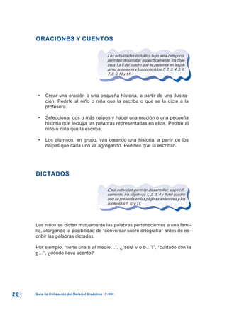 2 02 0 Guía de Utilización del Material Didáctico P-900Guía de Utilización del Material Didáctico P-900
ORACIONES Y CUENTOSORACIONES Y CUENTOS
Las actividades incluidas bajo esta categoría,
permiten desarrollar, específicamente, los obje-
tivos 1 a 6 del cuadro que se presenta en las pá-
ginas anteriores y los contenidos 1, 2, 3, 4, 5, 6,
7, 8, 9, 10 y 11.
• Crear una oración o una pequeña historia, a partir de una ilustra-
ción. Pedirle al niño o niña que la escriba o que se la dicte a la
profesora.
• Seleccionar dos o más naipes y hacer una oración o una pequeña
historia que incluya las palabras representadas en ellos. Pedirle al
niño o niña que la escriba.
• Los alumnos, en grupo, van creando una historia, a partir de los
naipes que cada uno va agregando. Pedirles que la escriban.
DICTADOSDICTADOS
Esta actividad permite desarrollar, específi-
camente, los objetivos 1, 2, 3, 4 y 5 del cuadro
que se presenta en las páginas anteriores y los
contenidos7,10y11.
Los niños se dictan mutuamente las palabras pertenecientes a una fami-
lia, otorgando la posibilidad de “conversar sobre ortografía” antes de es-
cribir las palabras dictadas.
Por ejemplo, “tiene una h al medio…”, ¿“será v o b…?”, “cuidado con la
g…”, ¿dónde lleva acento?
 