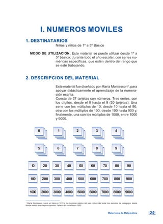 2 92 9
3
María Montessori, nació en Italia en 1870 y fue la primer médico del país. Años más tarde hizo estudios de pedagogía, desde
donde realizó sus mayores aportes. Falleció en Holanda en 1952.
I. NUMEROS MOVILESI. NUMEROS MOVILES
1. DESTINATARIOS1. DESTINATARIOS
Niñas y niños de 1º a 5º Básico
MODO DE UTILIZACION: Este material se puede utilizar desde 1º a
5º básico, durante todo el año escolar, con series nu-
méricas específicas, que estén dentro del rango que
se esté trabajando.
2. DESCRIPCION DEL MATERIAL2. DESCRIPCION DEL MATERIAL
Este material fue diseñado por María Montessori3
, para
apoyar didácticamente el aprendizaje de la numera-
ción escrita.
Consta de 57 tarjetas con números. Tres series, con
los dígitos, desde el 0 hasta el 9 (30 tarjetas). Una
serie con los múltiplos de 10, desde 10 hasta el 90;
otra con los múltiplos de 100, desde 100 hasta 900 y,
finalmente, una con los múltiplos de 1000, entre 1000
y 9000.
0 1 2 3 4
5 6 7 8 9
10 20 30 40 50 60 70 80 90
100 200 300 400 500 600 700 800 900
1000 2000 3000 4000 5000 6000 7000 8000 9000
Materiales de MatemáticaMateriales de Matemática
 