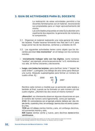 3 03 0 Guía de Utilización del Material Didáctico P-900Guía de Utilización del Material Didáctico P-900
4
En algunas de las actividades propuestas para realizar con los niños, se hará referencia a estos tres momentos.
5
Es decir, una que contenga unidad de mil, otra con centenas, con decenas y sólo con un dígito.
3. GUIA DE ACTIVIDADES PARA EL DOCENTE3. GUIA DE ACTIVIDADES PARA EL DOCENTE
La realización de estas actividades permitirá a los
docentes familiarizarse con el material, reconociendo
sus propiedades para un mejor aprovechamiento del
mismo.
Las actividades propuestas en esta Guía abordan prin-
cipalmente dos aspectos: la generación de números y
la comparación.
3.1. Organizar el material realizando una vista general de todas
las tarjetas. Puede hacerse formando tres filas del 0 al 9, para
luego poner las de las decenas, centenas y unidades de mil.
3.2. Las siguientes actividades tienen como objeto que los do-
centes perciban tres momentos4
en el trabajo con los números
móviles:
- inicialmente trabajar sólo con los dígitos, como números
“sueltos”; por ejemplo, arme la secuencia de 1 a 5, nómbrelos en
voz alta, en forma creciente y decreciente.
- luego, con todas las tarjetas: para clarificar, tome 1 “tarjeta” de
cada orden5
y póngalas una debajo de otra como para efectuar
una suma. Después superpóngalas para formar un número de
cuatro cifras. Ej.:
2000 400
60 2467
7
Nombre cada número a medida que va poniendo cada tarjeta y
también al final, cuando se ha formado un solo número con los
cuatro dígitos. ¿Nombró las dos veces el mismo número?
¡Atención!: es interesante observar algunas situaciones en que
el nombre del número varía ligeramente, como por ejemplo:
2143. En concordancia con el ejemplo anterior debiera ser: dos mil,
un ciento, cuarenta y tres; sin embargo. leemos dos mil ciento cuaren-
ta y tres,
1536 un mil cinco cientos treinta y seis, sin embargo decimos,
mil quinientos treinta y seis,
929 nueve cientos veinte y nueve, pero decimos novecientos
veintinueve.
}
 