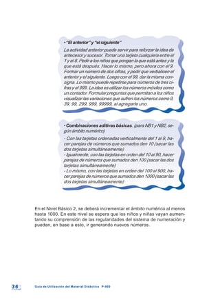 3 63 6 Guía de Utilización del Material Didáctico P-900Guía de Utilización del Material Didáctico P-900
•“Elanterior”y“elsiguiente”
La actividad anterior puede servir para reforzar la idea de
antecesor y sucesor. Tomar una tarjeta cualquiera entre el
1 y el 8. Pedir a los niños que pongan la que está antes y la
que está después. Hacer lo mismo, pero ahora con el 9.
Formar un número de dos cifras, y pedir que verbalicen el
anterior y el siguiente. Luego con el 99, dar la misma con-
signa. Lo mismo puede repetirse para números de tres ci-
fras y el 999. La idea es utilizar los números móviles como
un contador. Formular preguntas que permitan a los niños
visualizar las variaciones que sufren los números como 9,
39, 99, 299, 999, 99999, al agregarle uno.
• Combinaciones aditivas básicas. (para NB1 y NB2, se-
gún ámbito numérico)
- Con las tarjetas ordenadas verticalmente del 1 al 9, ha-
cer parejas de números que sumados den 10 (sacar las
dos tarjetas simultáneamente)
- Igualmente, con las tarjetas en orden del 10 al 90, hacer
parejas de números que sumados den 100 (sacar las dos
tarjetas simultáneamente)
- Lo mismo, con las tarjetas en orden del 100 al 900, ha-
cer parejas de números que sumados den 1000 (sacar las
dos tarjetas simultáneamente)
En el Nivel Básico 2, se deberá incrementar el ámbito numérico al menos
hasta 1000. En este nivel se espera que los niños y niñas vayan aumen-
tando su comprensión de las regularidades del sistema de numeración y
puedan, en base a esto, ir generando nuevos números.
 
