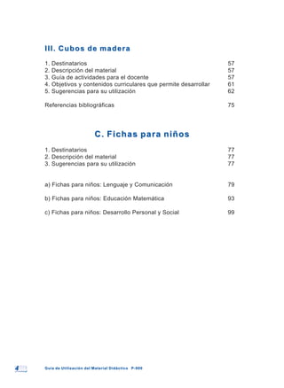 44 Guía de Utilización del Material Didáctico P-900Guía de Utilización del Material Didáctico P-900
III. Cubos de maderaIII. Cubos de madera
1. Destinatarios 57
2. Descripción del material 57
3. Guía de actividades para el docente 57
4. Objetivos y contenidos curriculares que permite desarrollar 61
5. Sugerencias para su utilización 62
Referencias bibliográficas 75
C. Fichas para niñosC. Fichas para niños
1. Destinatarios 77
2. Descripción del material 77
3. Sugerencias para su utilización 77
a) Fichas para niños: Lenguaje y Comunicación 79
b) Fichas para niños: Educación Matemática 93
c) Fichas para niños: Desarrollo Personal y Social 99
 