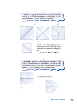 5 35 3
Actividad 5. Pág. 107. Determinar qué parte del área de
una figura es el área de otra figura, si la primera se frac-
ciona en medios, cuartos, octavos, etc. Ejemplo:
F4
F5
El todo se divide en distintos núme-
ros de partes iguales. Las siguientes
equivalencias pueden ser comproba-
das:
F5
= 1/2 F4
= 2/4 F4
= 4/8 F4
Actividad6.Página116.Armarpolígonosespecíficos,cuya
área (o perímetro) sea una determinada fracción del área
(o perímetro) de una figura dada. Ejemplo: Armar un pen-
tágono convexo cuya área sea 3/4 del área de F6
.
Unasoluciónpuedeser:
F6
Materiales de MatemáticaMateriales de Matemática
 
