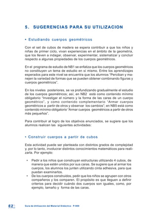 6 26 2 Guía de Utilización del Material Didáctico P-900Guía de Utilización del Material Didáctico P-900
5 .5 . SUGERENCIAS PARA SU UTILIZACIONSUGERENCIAS PARA SU UTILIZACION
•• Estudiando cuerpos geométricosEstudiando cuerpos geométricos
Con el set de cubos de madera se espera contribuir a que los niños y
niñas de primer ciclo, vivan experiencias en el ámbito de la geometría,
que los lleven a indagar, observar, experimentar, sistematizar y concluir
respecto a algunas propiedades de los cuerpos geométricos.
En el programa de estudio de NB1 se enfatiza que los cuerpos geométricos
no constituyen un tema de estudio en sí mismo. Entre los aprendizajes
esperados para este nivel se encuentra que los alumnos “Perciban y ma-
nejen la variedad de formas que se pueden obtener combinando figuras y
cuerpos geométricos”.
En los niveles posteriores, se va profundizando gradualmente el estudio
de los cuerpos geométricos; así, en NB2 está como contenido mínimo
obligatorio “Investigar el número y la forma de las caras de un cuerpo
geométrico”, y como contenido complementario “Armar cuerpos
geométricos a partir de otros y observar los cambios”; en NB5 está como
contenido mínimo obligatorio “Armar cuerpos geométricos a partir de otros
más pequeños”.
Para contribuir al logro de los objetivos enunciados, se sugiere que los
alumnos realicen las siguientes actividades:
• Construir cuerpos a partir de cubos• Construir cuerpos a partir de cubos
Esta actividad puede ser planteada con distintos grados de complejidad
y, por lo tanto, involucrar distintos conocimientos matemáticos para reali-
zarla. Por ejemplo:
• Pedir a los niños que construyan estructuras utilizando 4 cubos, de
manera que estén unidos por sus caras. Se sugiere que al armar los
cuerpos, los alumnos los junten utilizando cinta adhesiva, para que
puedan examinarlos.
• De los cuerpos construidos, pedir que los niños se agrupen con otros
compañeros y los comparen. El propósito es que lleguen a definir
criterios para decidir cuándo dos cuerpos son iguales, como, por
ejemplo, tamaño y forma de las caras.
 