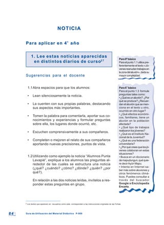 8 48 4 Guía de Utilización del Material Didáctico P-900Guía de Utilización del Material Didáctico P-900
NOTICIANOTICIA
Para aplicar en 4Para aplicar en 4°° añoaño
1. Lee estas noticias aparecidas1. Lee estas noticias aparecidas
en distintosen distintos diarios de cursodiarios de curso2 72 7
Sugerencias para el docenteSugerencias para el docente
1.1Abra espacios para que los alumnos:
• Lean silenciosamente la noticia.
• La cuenten con sus propias palabras, destacando
sus aspectos más importantes.
• Tomen la palabra para comentarla, aportar sus co-
nocimientos y experiencias y formular preguntas
sobre ella, los lugares donde ocurrió, etc.
• Escuchen comprensivamente a sus compañeros.
• Completen o mejoren el relato de sus compañeros
aportando nuevas precisiones, puntos de vista.
1.2Utilizando como ejemplo la noticia “Alumnos Punta
Lavapié”, explique a los alumnos las preguntas al-
rededor de las cuales se estructura una noticia
(¿qué? ¿cuándo? ¿cómo? ¿dónde? ¿quién? ¿por
qué?).
En relación a las dos noticias leídas, invítelos a res-
ponder estas preguntas en grupo.
27
Los textos que aparecen en recuadros como este, corresponden a las instrucciones originales de las Fichas.
Para6ºbásico
Paraelpunto1.1utilicepre-
ferentemente el texto «Jó-
venesreanudantrabajosen
lazonadelaluvión»,dadasu
mayorcomplejidad.
Para6°básico
Para el punto 1.3 formule
preguntas tales como:
•¿Quéesunaluvión? ¿Por
qué se produce? ¿Recuer-
dan el aluvión que se men-
ciona en el texto u otro,
ocurrido en otro lugar?
• ¿Qué efectos económi-
cos, familiares, tiene un
aluvión en la población
afectada?
• ¿Qué tipo de trabajos
realizaron los jóvenes?
• ¿Qué es el Instituto Na-
cional de la Juventud?
• ¿Qué es una federación
universitaria?
•¿Porquécreesquelosjó-
venes colaboran en estas
situaciones?
• Busca en un diccionario
demapudungun,quéquie-
re decirAyün Mapu.
• Intenta en Internet sa-
ber más sobre aluviones y
otros fenómenos climá-
ticos. Puedes consultar a
través del buscador
Google o Enciclopedia
Encarta.
 